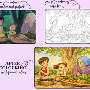 May include: A set of three images showing a scene from an animated film. The top left image is a colored reference, the top right is a coloring page, and the bottom image shows the scene colored with pencils. The text reads "you get a colored reference for each picture", "you get a coloring page for it", and "AFTER COLOURING with pencil colors".