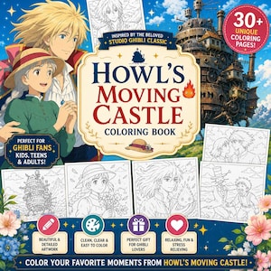 Op de afbeelding: Een kleurboek getiteld "Howl's Moving Castle" met illustraties uit de Studio Ghibli-film. De omslag toont personages en het kasteel, met tekst die 30+ unieke kleurplaten aangeeft. Bevat de tekst "Perfect voor Ghibli-fans, kinderen, tieners en volwassenen!"