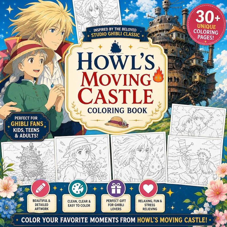 Op de afbeelding: Een kleurboek getiteld "Howl's Moving Castle" met illustraties uit de Studio Ghibli-film. De omslag toont personages en het kasteel, met tekst die 30+ unieke kleurplaten aangeeft. Bevat de tekst "Perfect voor Ghibli-fans, kinderen, tieners en volwassenen!"