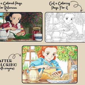 May include: A three-panel image showing a coloring page and a colored version of a scene. The top panels show a woman in a kitchen, preparing food. The bottom panel shows the colored version of the scene. Text includes "Get a Colored Page for Reference", "Get a Coloring Page For it", and "AFTER COLORING (with crayons)".