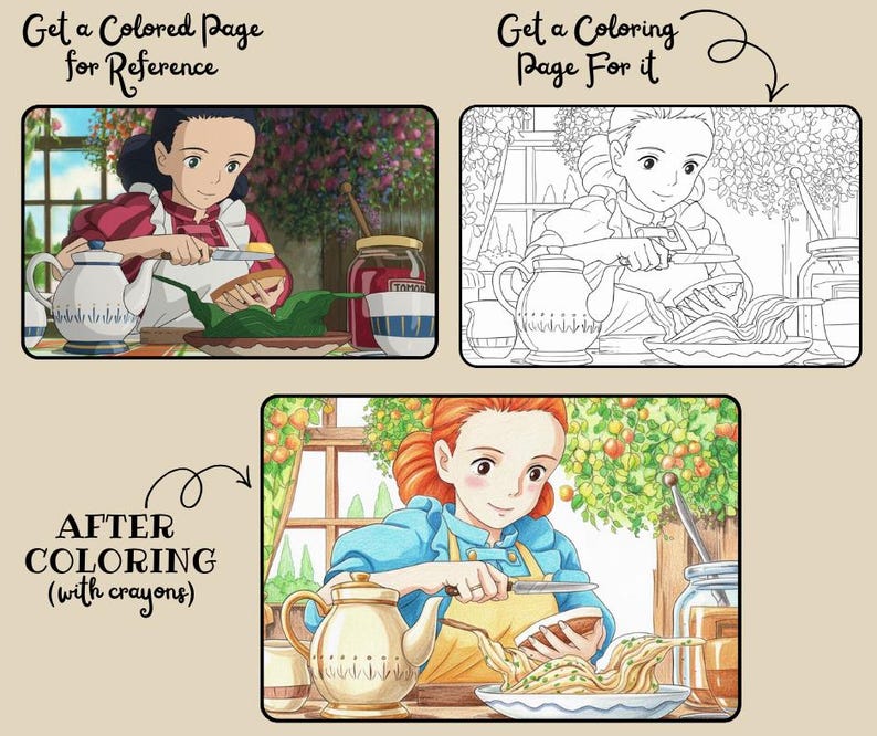 May include: A three-panel image showing a coloring page and a colored version of a scene. The top panels show a woman in a kitchen, preparing food. The bottom panel shows the colored version of the scene. Text includes "Get a Colored Page for Reference", "Get a Coloring Page For it", and "AFTER COLORING (with crayons)".