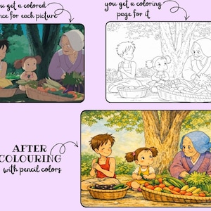Op de afbeelding: Drie afbeeldingen: een gekleurde referentie, een kleurplaat en een gekleurd voorbeeld. De afbeeldingen tonen een sc&egrave;ne met drie personages, manden met groenten en tekst die luidt: "you get a colored reference for each picture", "you get a coloring page for it" en "AFTER COLOURING with pencil colors".
