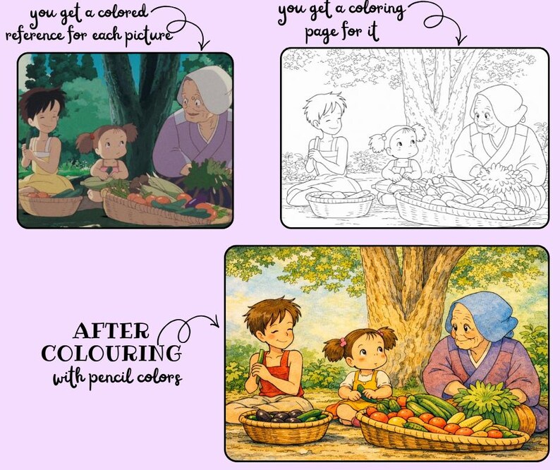 Op de afbeelding: Drie afbeeldingen: een gekleurde referentie, een kleurplaat en een gekleurd voorbeeld. De afbeeldingen tonen een sc&egrave;ne met drie personages, manden met groenten en tekst die luidt: "you get a colored reference for each picture", "you get a coloring page for it" en "AFTER COLOURING with pencil colors".