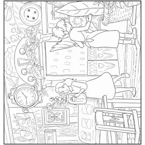 Op de afbeelding: Zwart-wit lijntekening van een kamer met twee figuren. E&eacute;n figuur ligt, de andere staat. De kamer omvat een klok, een foto, een vaas met bloemen en een stoel.