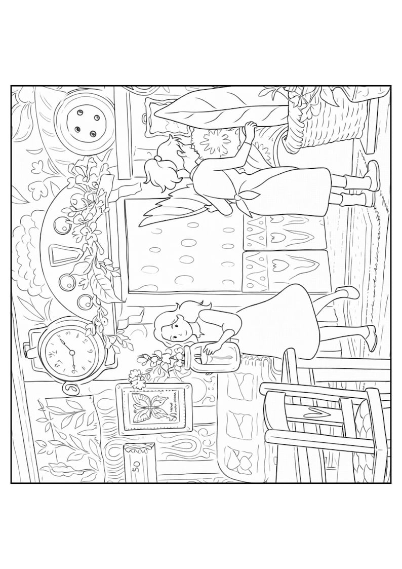 Op de afbeelding: Zwart-wit lijntekening van een kamer met twee figuren. E&eacute;n figuur ligt, de andere staat. De kamer omvat een klok, een foto, een vaas met bloemen en een stoel.