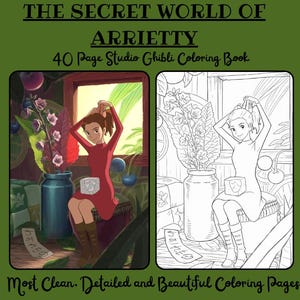 Op de afbeelding: Een Studio Ghibli kleurboek getiteld "The Secret World of Arrietty" met een groene achtergrond. De cover toont een gekleurde illustratie en een zwart-wit lijntekening van een personage. De tekst luidt "40 pagina's Studio Ghibli kleurboek".