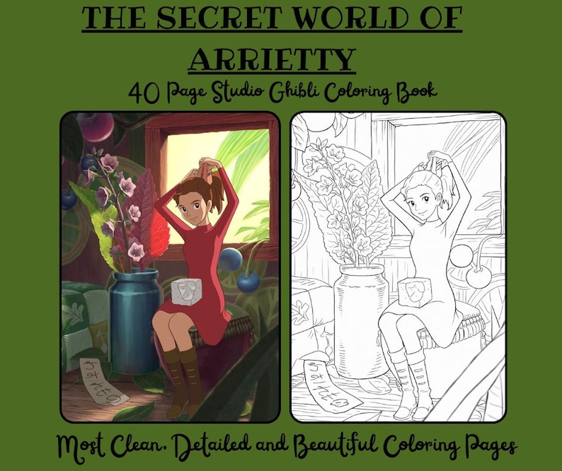 Op de afbeelding: Een Studio Ghibli kleurboek getiteld "The Secret World of Arrietty" met een groene achtergrond. De cover toont een gekleurde illustratie en een zwart-wit lijntekening van een personage. De tekst luidt "40 pagina's Studio Ghibli kleurboek".