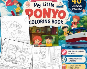 Ponyo Coloring Book – 40 Pages Studio Ghibli Anime Inspired Line Art Printable PDF Download