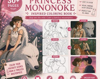 Princess Mononoke Coloring Book – 40 Pages Ghibli Inspired Anime Art Printable PDF Instant Download