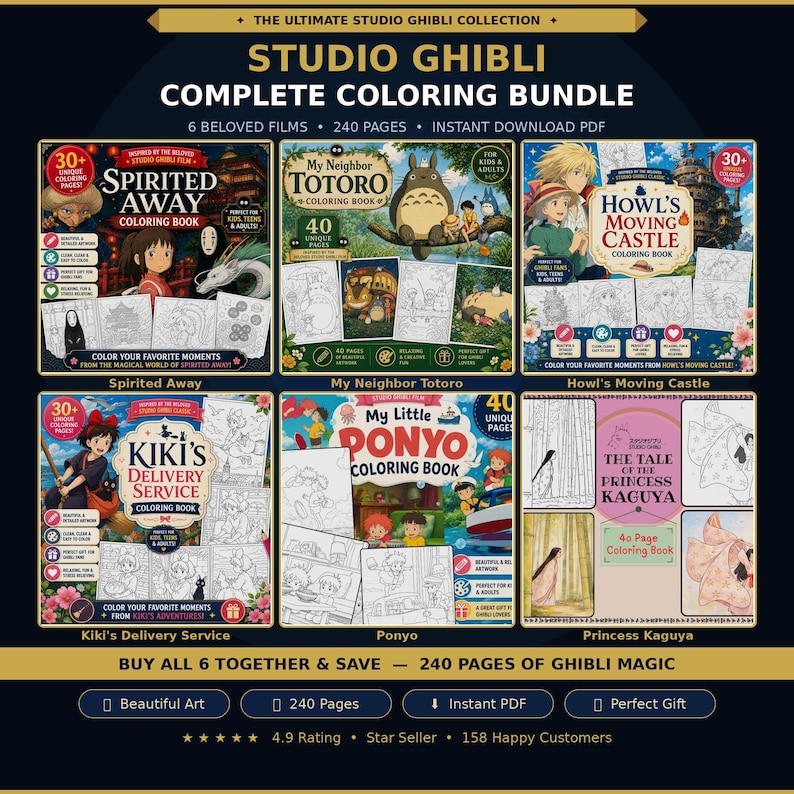 May include: A complete Studio Ghibli coloring book bundle featuring six beloved films, including Spirited Away and My Neighbor Totoro. Each book contains 30+ unique coloring pages, perfect for kids and adults. The bundle includes 240 pages and is an instant PDF download.