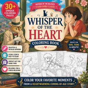 Op de afbeelding: Een "Whisper of the Heart" kleurboek met de tekst "30+ unieke kleurplaten!" en "Kleur je favoriete momenten uit een hartverwarmend coming-of-age verhaal!" De omslag toont personages uit de Studio Ghibli film.