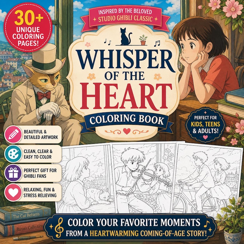 Op de afbeelding: Een "Whisper of the Heart" kleurboek met de tekst "30+ unieke kleurplaten!" en "Kleur je favoriete momenten uit een hartverwarmend coming-of-age verhaal!" De omslag toont personages uit de Studio Ghibli film.