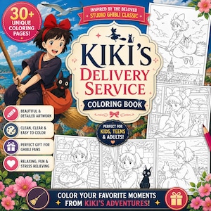 May include: A Kiki's Delivery Service colouring book featuring a cover with a young character on a broomstick with a black cat. The cover includes the text 30+ UNIQUE COLOURING PAGES, KIKI'S DELIVERY SERVICE COLOURING BOOK, and various black and white line art illustrations of the character and cat in different scenes.