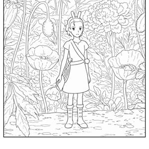 Op de afbeelding: Zwart-wit illustratie van een persoon in een tuin. De persoon draagt een jurk, laarzen en een hoofdband met konijnenoren. Grote bloemen en bladeren omringen de figuur, wat een grillige sc&egrave;ne cre&euml;ert.
