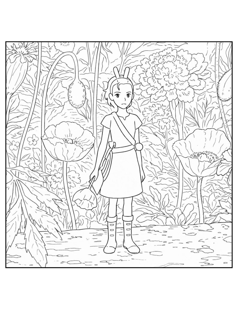 Op de afbeelding: Zwart-wit illustratie van een persoon in een tuin. De persoon draagt een jurk, laarzen en een hoofdband met konijnenoren. Grote bloemen en bladeren omringen de figuur, wat een grillige sc&egrave;ne cre&euml;ert.