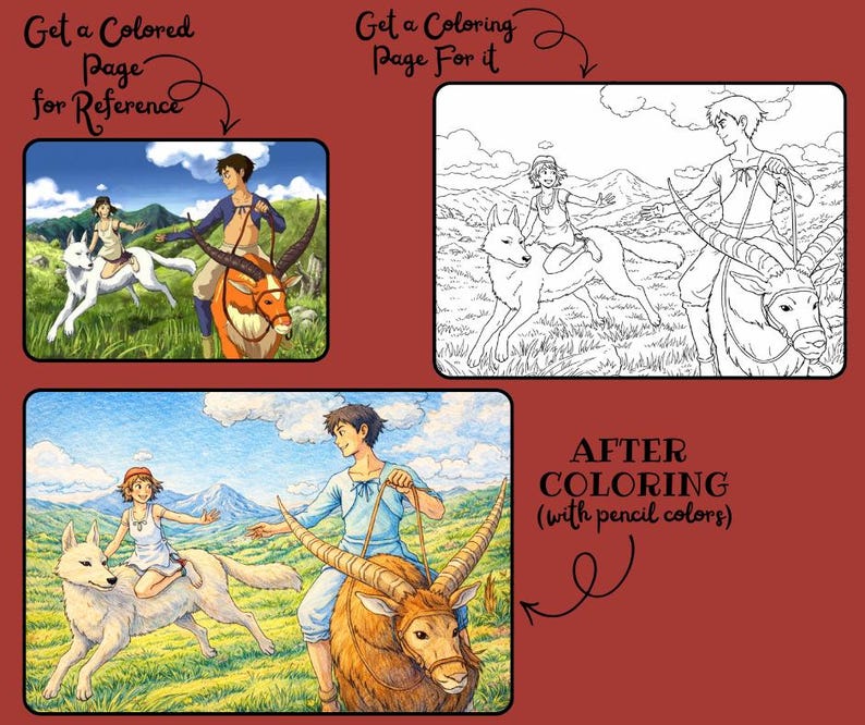 May include: A three-panel image with illustrations. The top left shows a colored scene of two people riding animals. The top right is a black and white line drawing of the same scene. The bottom panel shows the colored version. Text reads: "Get a Colored Page for Reference", "Get a Coloring Page For it", and "AFTER COLORING (with pencil colors)".