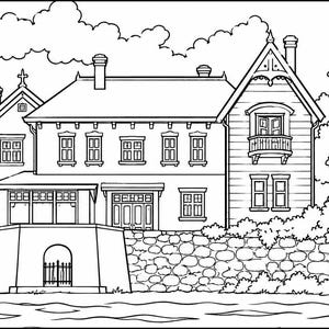 May include: Black and white line drawing of a house with multiple windows, a porch, and a balcony. The house is surrounded by trees, bushes, and a stone wall. The sky has fluffy clouds.