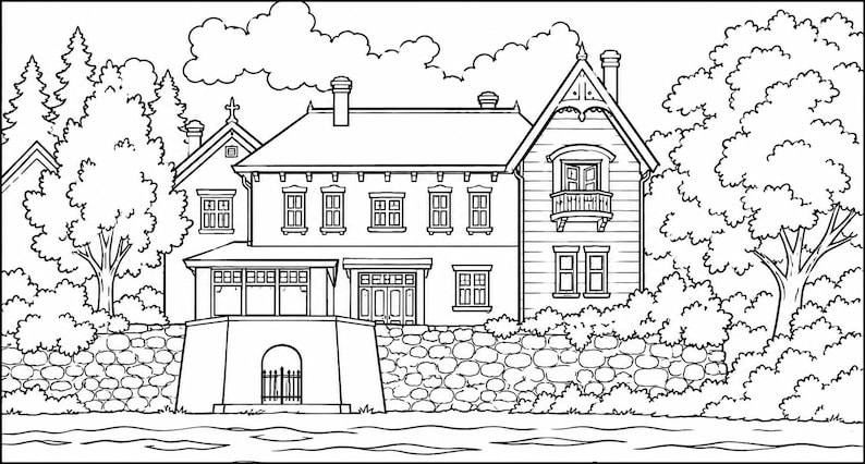 May include: Black and white line drawing of a house with multiple windows, a porch, and a balcony. The house is surrounded by trees, bushes, and a stone wall. The sky has fluffy clouds.