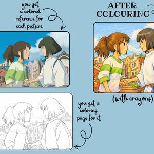 May include: A light blue image with three panels. The top panel shows a colored illustration of two anime characters. The text above reads "AFTER COLOURING". The bottom panel shows a black and white illustration of the same characters. The text reads "you get a coloring page for it".