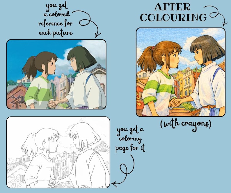 May include: A light blue image with three panels. The top panel shows a colored illustration of two anime characters. The text above reads "AFTER COLOURING". The bottom panel shows a black and white illustration of the same characters. The text reads "you get a coloring page for it".