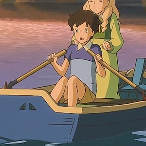 May include: An animated scene depicts two people in a blue rowboat on a lake. One person is rowing, while the other stands behind them. The boat has a yellow trim. The background shows a sunset over a mountain range, with the water reflecting the colors.
