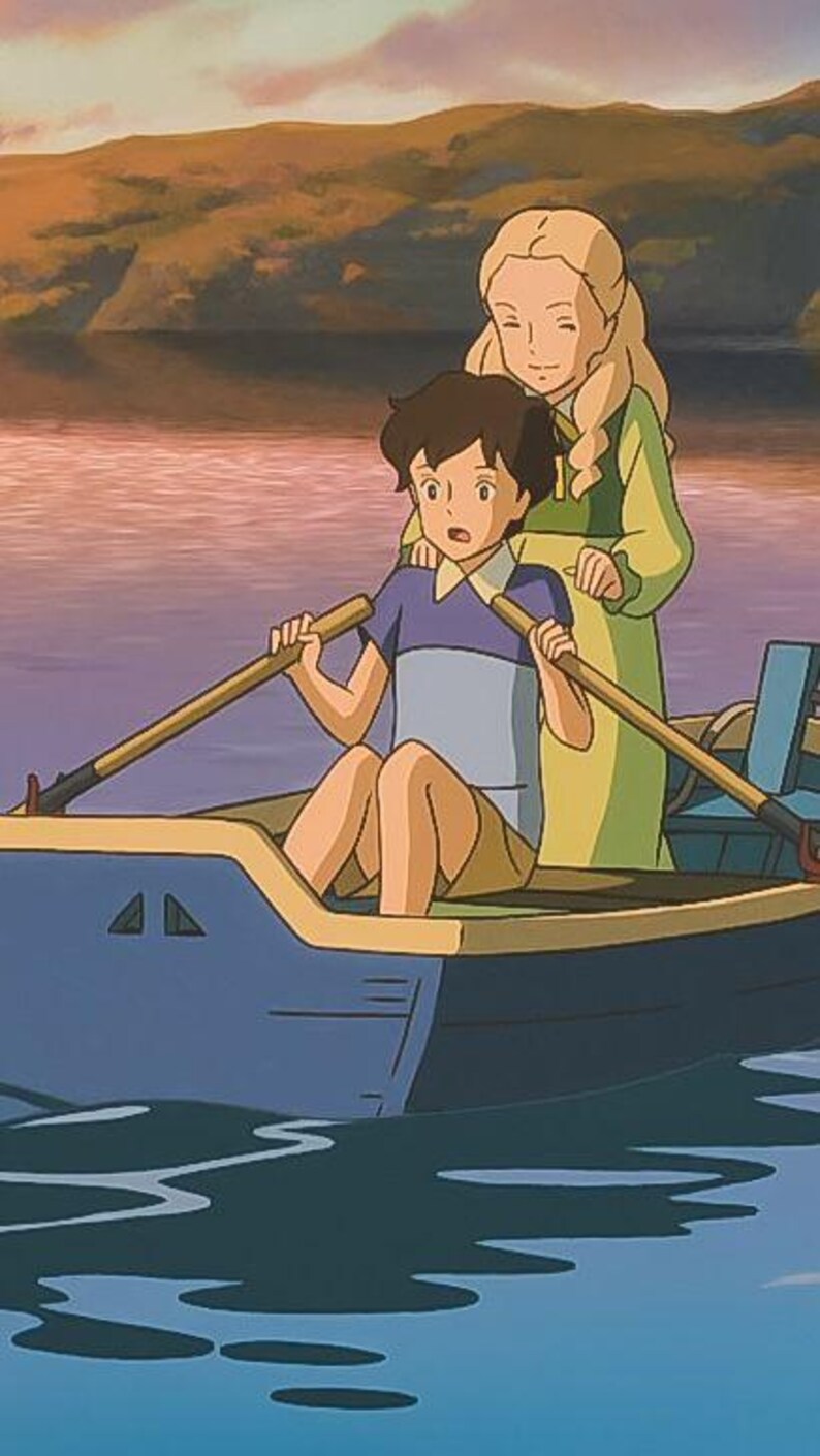 May include: An animated scene depicts two people in a blue rowboat on a lake. One person is rowing, while the other stands behind them. The boat has a yellow trim. The background shows a sunset over a mountain range, with the water reflecting the colors.