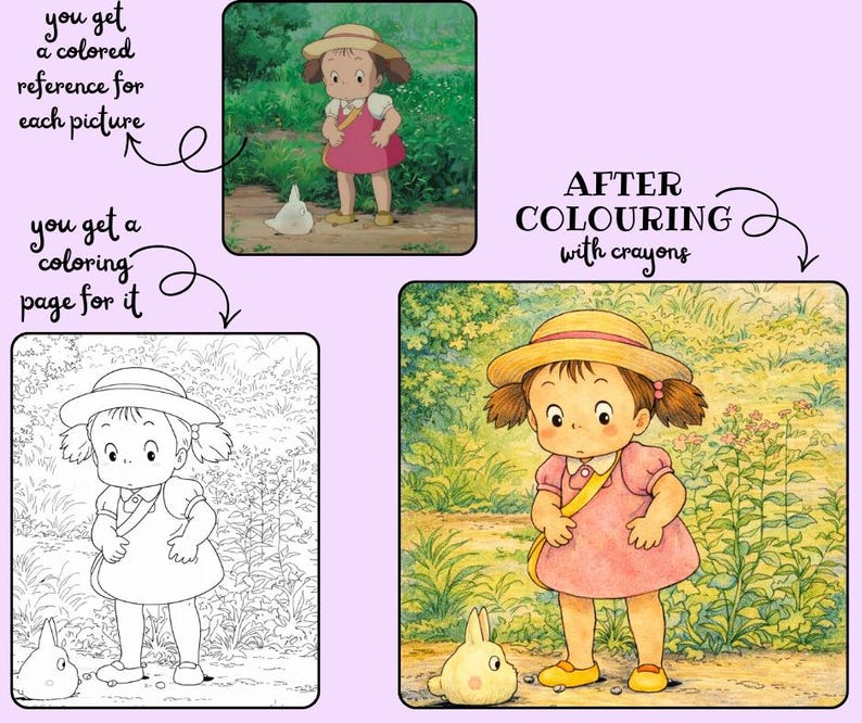 May include: A coloring page set featuring a cartoon girl in a pink dress and yellow hat, with a matching colored reference image. The text reads "you get a coloring page for it" and "AFTER COLOURING with crayons".