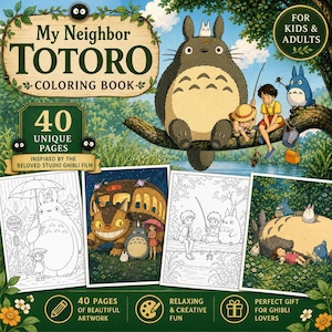 May include: A coloring book titled "My Neighbor Totoro" with the titular character and other characters from the film. The cover features illustrations and the text "40 Unique Pages" and "For Kids & Adults". The book is inspired by the Studio Ghibli film.