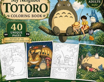 Kleurboek My Neighbor Totoro – 40 pagina's Studio Ghibli Line Art (digitale download)