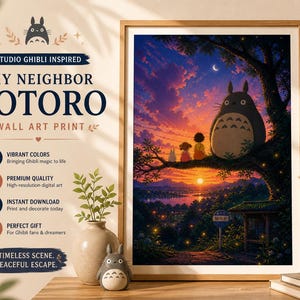 May include: A framed wall art print featuring a scene from "My Neighbor Totoro." The artwork depicts Totoro with two children on a tree branch, overlooking a sunset. The print includes the text "Studio Ghibli Inspired" and "Wall Art Print."