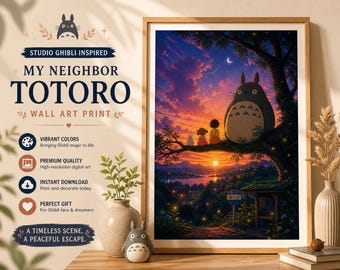 My Neighbor Totoro Wall Art, Studio Ghibli Inspired Sunset Forest Print (Digital Download)