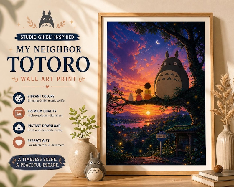 May include: A framed wall art print featuring a scene from "My Neighbor Totoro." The artwork depicts Totoro with two children on a tree branch, overlooking a sunset. The print includes the text "Studio Ghibli Inspired" and "Wall Art Print."