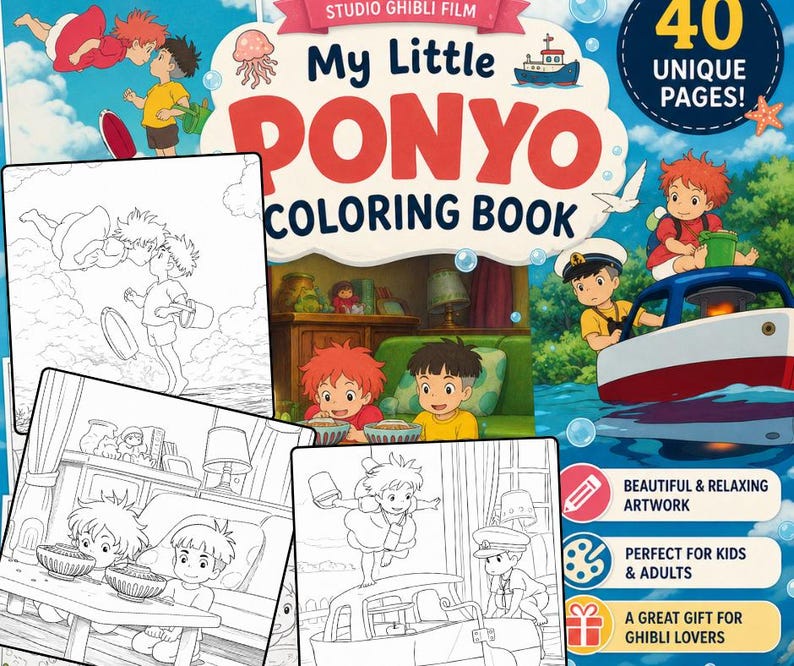 May include: A "My Little Pony" coloring book with the text "Studio Ghibli Film" and "40 Unique Pages!" displayed. The cover features illustrations of characters from the animated film. Additional text includes "Beautiful & Relaxing Artwork" and "Perfect for Kids & Adults."