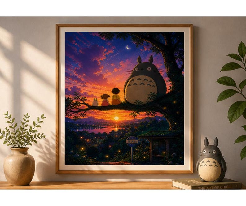 May include: A framed print of a sunset scene featuring characters from the animated film, My Neighbor Totoro. The artwork depicts Totoro and other characters on a tree branch, overlooking a vibrant sunset with a crescent moon.