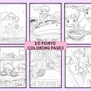 Puede incluir: Una colecci&oacute;n de 20 p&aacute;ginas para colorear de Ponyo. Las ilustraciones en blanco y negro representan escenas de la pel&iacute;cula animada, incluyendo personajes en un barco, comiendo y jugando. El texto "20 PONYO COLORING PAGES" se muestra en una pancarta rosa.