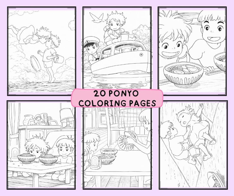 Puede incluir: Una colecci&oacute;n de 20 p&aacute;ginas para colorear de Ponyo. Las ilustraciones en blanco y negro representan escenas de la pel&iacute;cula animada, incluyendo personajes en un barco, comiendo y jugando. El texto "20 PONYO COLORING PAGES" se muestra en una pancarta rosa.