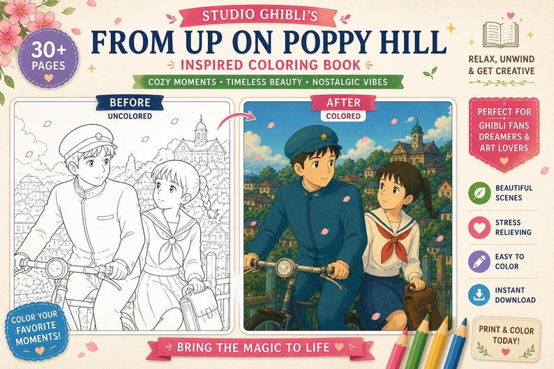 May include: A coloring book inspired by Studio Ghibli's "From Up on Poppy Hill." The cover features a before-and-after comparison of a scene with two characters on bicycles. The book promises cozy moments and timeless beauty.