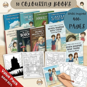 Op de afbeelding: Een verzameling van tien Ghibli-ge&iuml;nspireerde kleurboeken met meer dan 400 pagina's. De boeken bevatten titels als "The Wind Rises" en "Howl's Moving Castle". De afbeelding toont ook kleurplaten en een banner met "Value Pack" en "Save 60%."