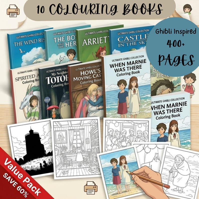 Op de afbeelding: Een verzameling van tien Ghibli-ge&iuml;nspireerde kleurboeken met meer dan 400 pagina's. De boeken bevatten titels als "The Wind Rises" en "Howl's Moving Castle". De afbeelding toont ook kleurplaten en een banner met "Value Pack" en "Save 60%."
