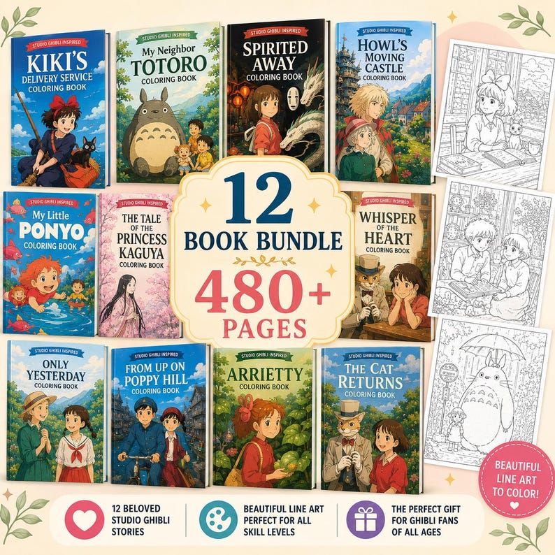 May include: A 12-book bundle of Studio Ghibli-inspired coloring books. The collection includes titles like "Kiki's Delivery Service," "My Neighbor Totoro," and "Spirited Away." The bundle features over 480 pages of line art, perfect for all skill levels.