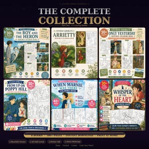 May include: The Complete Collection of Studio Ghibli coloring books, featuring six titles with over 180 pages. Includes "The Boy and the Heron," "Arrietty," "Only Yesterday," "From Up on Poppy Hill," "When Marnie Was There," and "Whisper of the Heart."