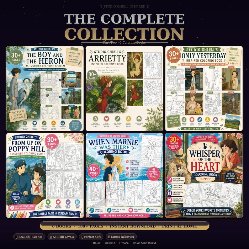May include: The Complete Collection of Studio Ghibli coloring books, featuring six titles with over 180 pages. Includes "The Boy and the Heron," "Arrietty," "Only Yesterday," "From Up on Poppy Hill," "When Marnie Was There," and "Whisper of the Heart."