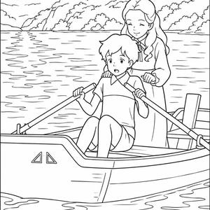May include: Black and white line art of a boat on a lake with two people. One person is rowing, while another person stands behind them. The background shows mountains, clouds, and a setting sun. The image is a coloring page.