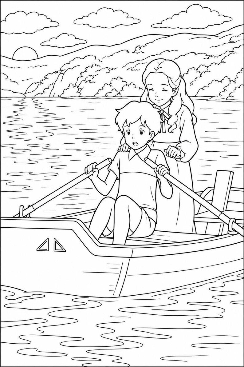 May include: Black and white line art of a boat on a lake with two people. One person is rowing, while another person stands behind them. The background shows mountains, clouds, and a setting sun. The image is a coloring page.