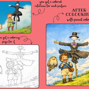 Puede incluir: Ilustraci&oacute;n colorida con personajes de una pel&iacute;cula de fantas&iacute;a. La imagen incluye una figura parecida a un espantap&aacute;jaros, un ni&ntilde;o y una peque&ntilde;a criatura con forma de p&aacute;jaro. El texto de la imagen dice "you get a coloring page for it" y "you get a colored reference for each picture".