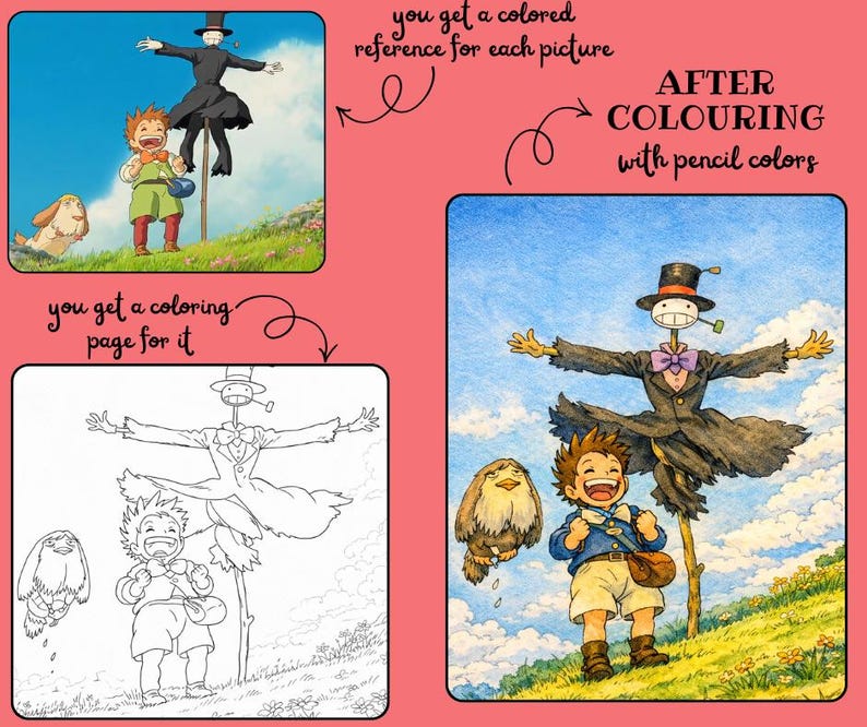 Puede incluir: Ilustraci&oacute;n colorida con personajes de una pel&iacute;cula de fantas&iacute;a. La imagen incluye una figura parecida a un espantap&aacute;jaros, un ni&ntilde;o y una peque&ntilde;a criatura con forma de p&aacute;jaro. El texto de la imagen dice "you get a coloring page for it" y "you get a colored reference for each picture".