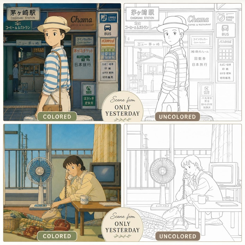 May include: A split image featuring scenes from "Only Yesterday." The top half shows a person in a striped shirt and hat at a train station. The bottom half depicts a person on the phone. The text "Scene from ONLY YESTERDAY" is present.