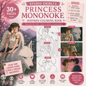 May include: A coloring book featuring Studio Ghibli's Princess Mononoke. The cover shows the character riding a wolf, with the title and the words "Inspired Coloring Book." The book includes 30+ pages and scenes to color.