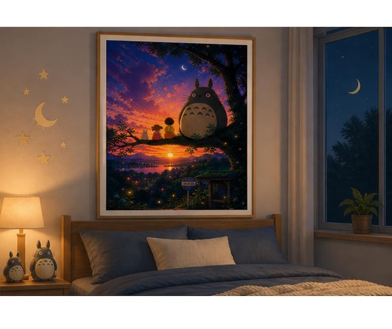 May include: A framed print of a sunset scene featuring a large, gray, cartoon-like creature with two smaller figures on a tree branch. The artwork has a warm color palette with a vibrant sunset and a crescent moon.