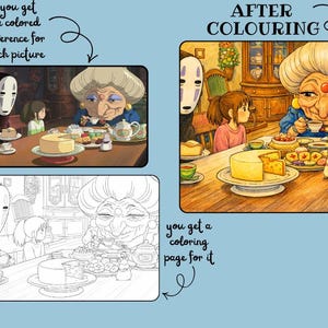 May include: A side-by-side comparison of a coloring page and a colored illustration. The colored image depicts a scene with characters from a Japanese animated film, including a girl, a witch, and a masked figure, seated at a table with food. Text reads "AFTER COLOURING".